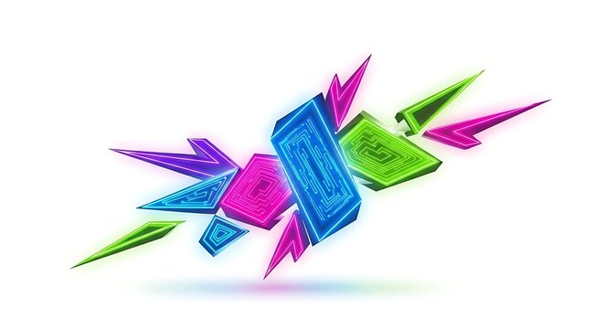 Abstract geometric 3D composition in vibrant neon colors, radiating energy and dynamism with sharp angles and glowing effects
