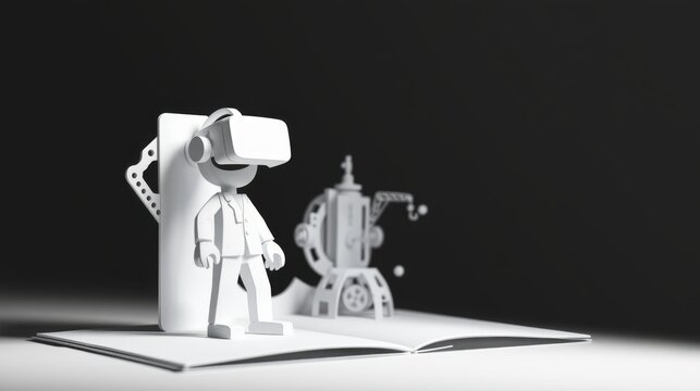 Minimalist scene. Figure wearing vr headset stands near robotic arm emerging from open book. Gray tones, simple shapes.