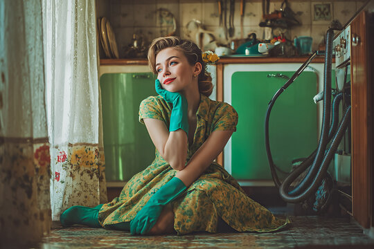 Caucasian homemaker in teal rubber gloves sitting on tiled floor by vintage green cabinets, wearing floral yellow dress and hair flower, sunlit dreamy smile