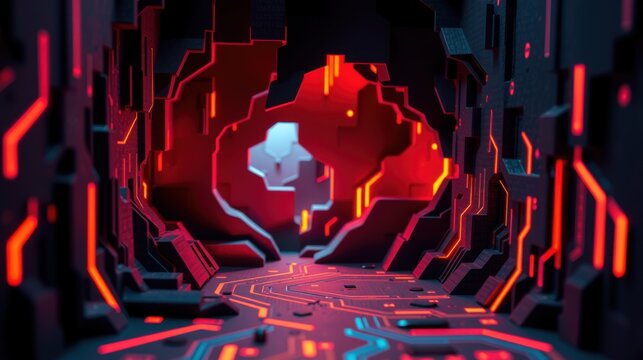 Abstract digital interior. Red glowing lines define geometric shapes, creating futuristic tunnel effect. Dark background emphasizes bright illumination.