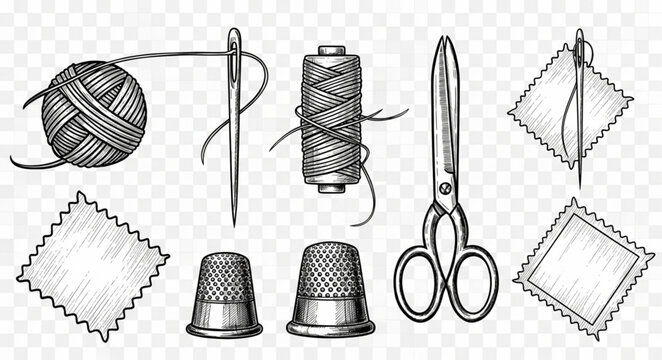 Sewing supplies including needle thread spool scissors thimbles and fabric.