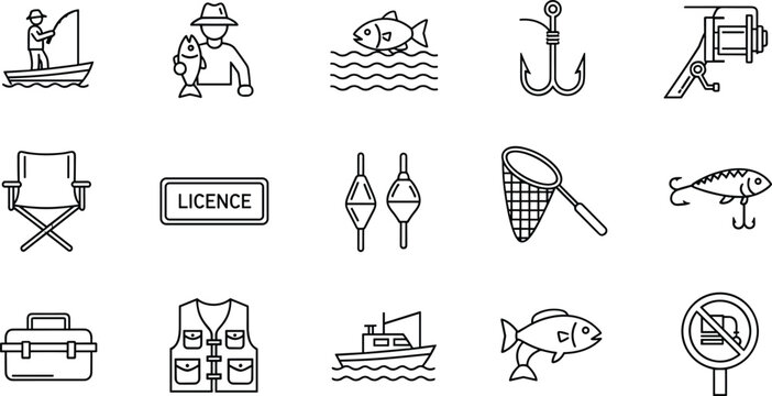 Fishing Line Icons Set with Angler, Fish, Hook, Net, Boat, Tackle Box, Vest, and Equipment Outline Vector Illustration for Outdoor Sport Design