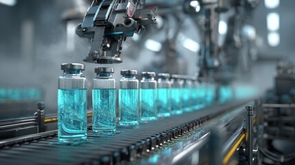 Fototapeta premium Blue liquid fills glass vials on assembly line. Robotic arm hovers above, preparing next step. Futuristic factory glows with cool, clean light. Precision manufacturing in medical or biotech setting