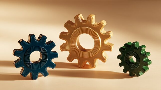 Three colored gears rest on a soft surface. Golden, blue, and green tones define each gear's hue. They stand still, yet imply motion beneath their design. Ideal for themes of technology, mechanics