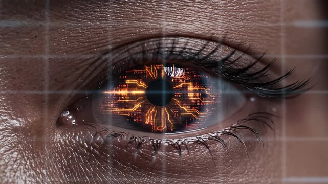 Human eye with digital circuit overlay representing smart infrastructure and connectivity