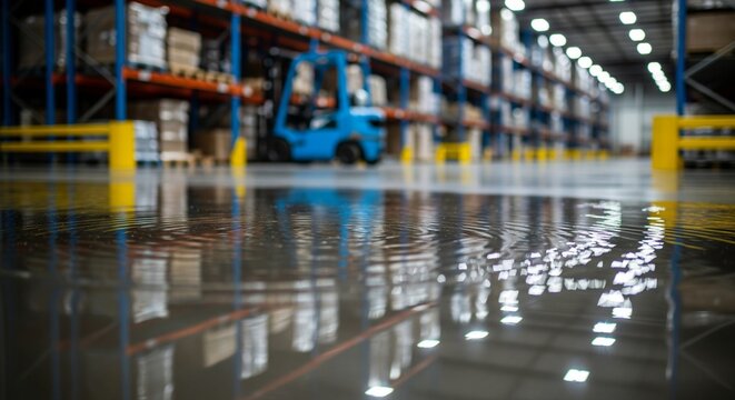 Flooded Warehouse Floor with Reflections of Racks, Forklift, and Ceiling Lights Creating a Puddle