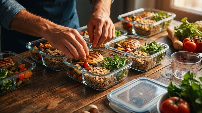Man hands arranging fresh healthy food into glass meal prep containers on kitchen counter close up of portion control and weekly food planning