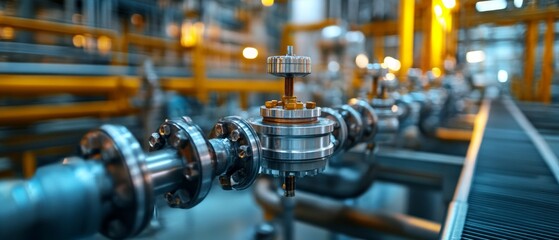 Fototapeta premium Shiny metal pipes and valves run along the yellow structures at the plant, providing an industrial backdrop for content on the oil and gas sector, engineering and industrial infrastructure.