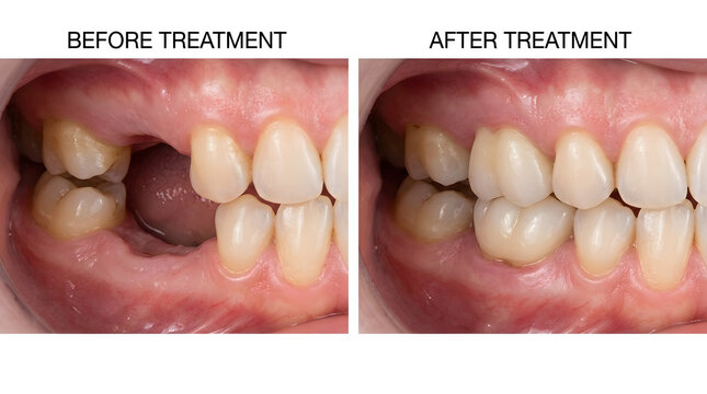 Dental bridge comparison showing a missing tooth before and after a successful restorative procedure for professional clinic marketing.