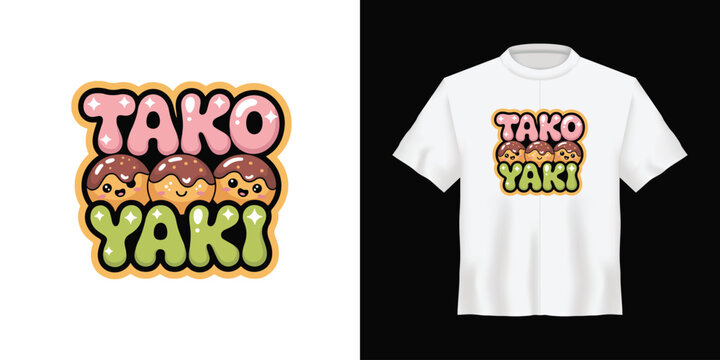 Tako Yaki food logo, Japanese street food branding, colorful t-shirt design, culinary graphics