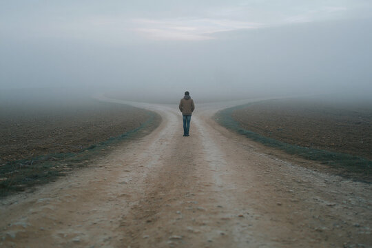 Misty morning blankets a barren, split dirt path. Lone figure walks forward, unaware of the choice ahead. Dusk's gray light softens the horizon's edge