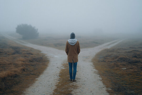 Fog shrouds a crossroads, veiling distant paths. Lone figure stands, gazing forward, uncertain. Cold wind whispers through bare, brown grass. Damp earth stretches beneath worn boots
