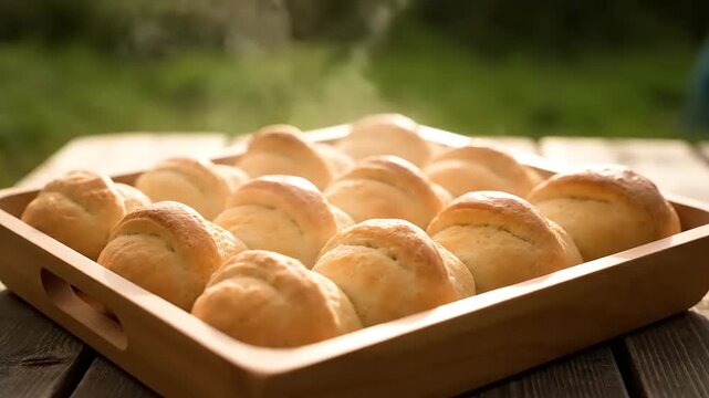 Freshly Baked Golden Brown Bread Rolls Steaming on a Wooden Table Outdoors.