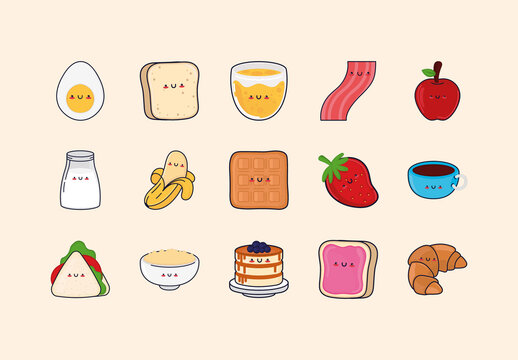 Cute Flat Breakfast Food Illustration Set