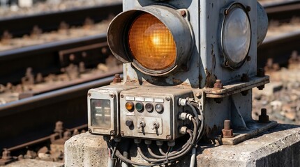 Fototapeta premium Close up of a vintage railway signal light showing amber.