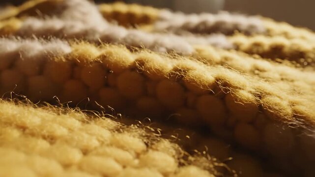 Extreme close-up of chunky yellow knit fabric texture. Soft fuzzy wool yarn pattern in sunlight. Luxury textile and cozy winter material concept
