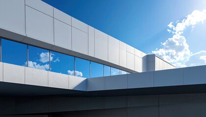 Fototapeta premium Reflective glass facade of a modern building capturing a vibrant blue sky and clouds, embodying contemporary design and urban elegance