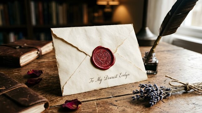 Romantic Hand Written Letter to My Dearest Evelyn with Heart Wax Seal Dried Lavender and Quill on Vintage Table Top Concept of Long Distance Relationship and Historical Love Story