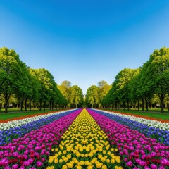Obraz premium Vibrant spring park landscape featuring symmetrical rows of blooming flowers and lush green trees under a bright, clear blue sky, peaceful, symmetry, landscape