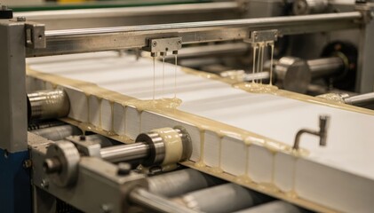 Fototapeta premium Medium shot of perfect bound book blocks moving through a gluing machine with sharp focus on adhesive application blurred background machinery visible.