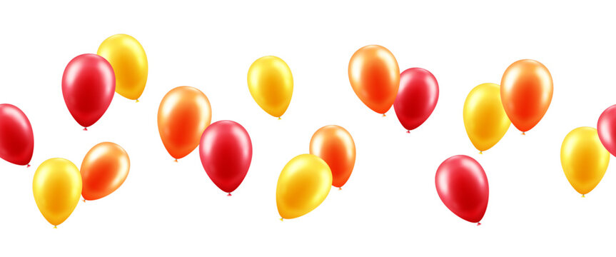 Vector seamless frame with falling balloons isolated on transparent background. Festive decor elements for card, invitation, flyer, poster, banner, congratulation.