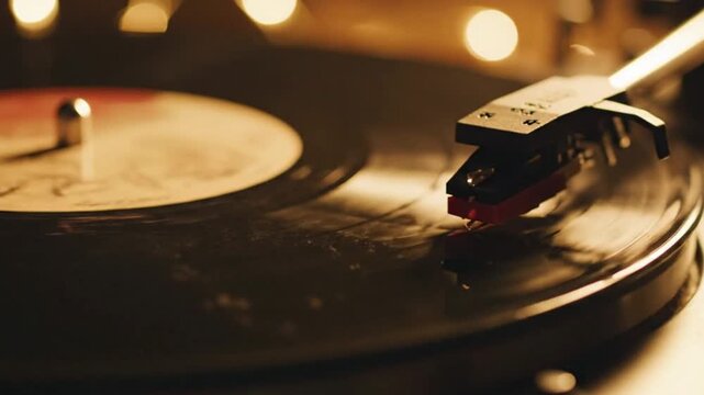 Close-up of Vinyl Record Player Needle on Spinning Record with Bokeh Lights, Retro Music