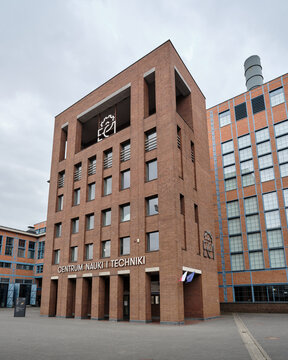 EC1 Centre for Science and Technology building viewed from an angle with red brick post-industrial architecture on April 3, 2026 in Lodz, Poland