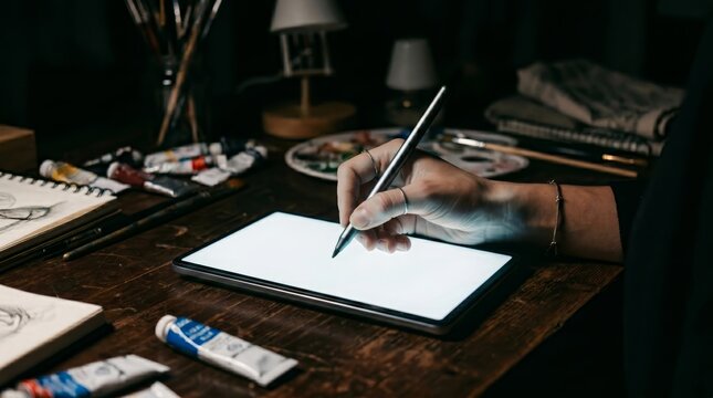 Artist hand uses a stylus on a glowing digital tablet in a dark studio with paint tubes and sketches. Conception of art, design, creativity, education, technology, workflow, promotion. Generative AI.