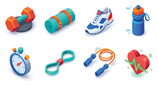 Collection of isometric fitness equipment and healthy lifestyle icons