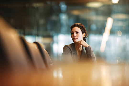 Pensive businesswoman executive in grey textured blazer, chin resting on hand at the head of a glass boardroom table with blurred chairs and warm bokeh lights
