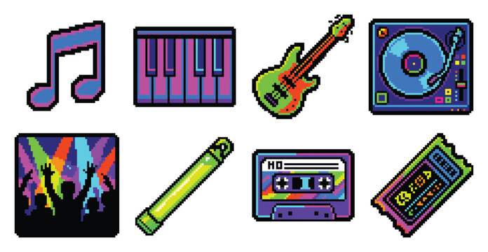 Retro pixel art collection of music and entertainment icons in vibrant neon colors
