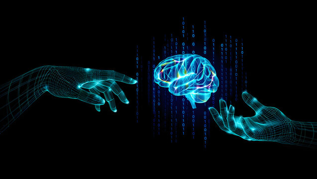 futuristic human brain and hand neural network connection in neon glow