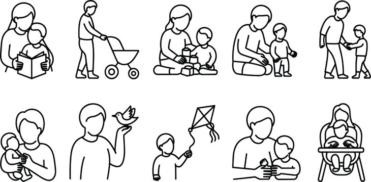 Simple line art icons of parents and children interacting in various activities family baby