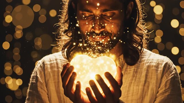 Man holding glowing heart with sparkles ideal for sleek commercial backgrounds and title sequences
