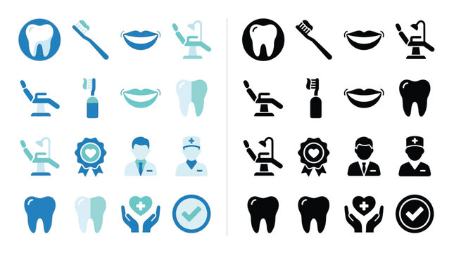 Collection of dental care icons and symbols, presented in both blue and black color schemes for diverse design applications.