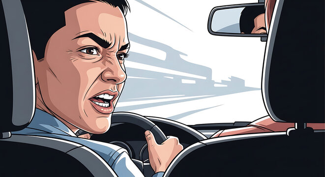 A comic-style illustration of a man driving a car and looking back over his shoulder with an angry and shocked expression.