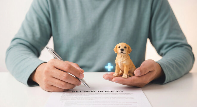 A person signs a pet health insurance policy with a puppy on their palm.
