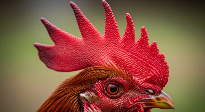 A vibrant close-up of a rooster's head, focusing on the textured red comb and the sharp detail of its eye and feathers.