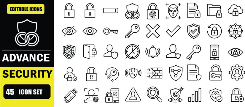 Password and Security Icon Set &ndash; Data Protection, Encryption, User Credentials, Cybersecurity, Privacy and Secure Access Line Icons &ndash; Thin Line Editable Stroke Vector Illustration for UI UX, Web and A