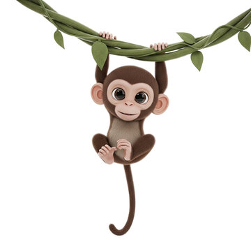 Cute cartoon baby monkey hanging on a jungle vine.