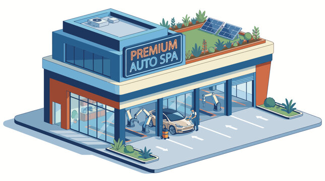 An illustration of a contemporary auto spa, featuring multiple service bays and an eco-friendly design, highlighting the latest auto care technology in a clean environment.