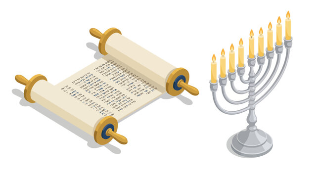 An artistic depiction of a scroll alongside a beautifully designed menorah, representing cultural traditions and celebrations captured in a joyful, illustrative style.