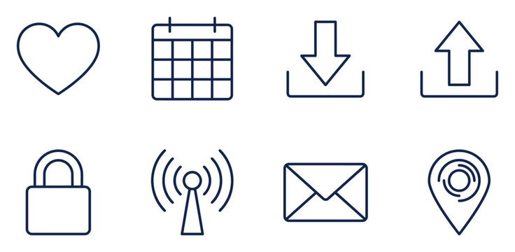 Collection of eight simple outline icons for digital interfaces and applications