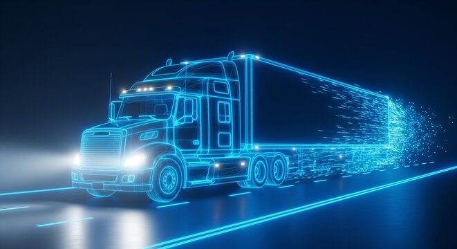 Futuristic Blue Neon Wireframe Semi-Truck Driving on a Highway with Digital Particles Exploding