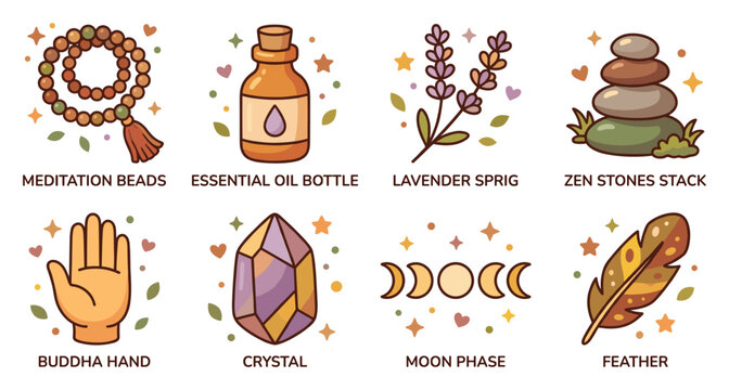 Collection of spiritual and wellness icons for meditation and relaxation