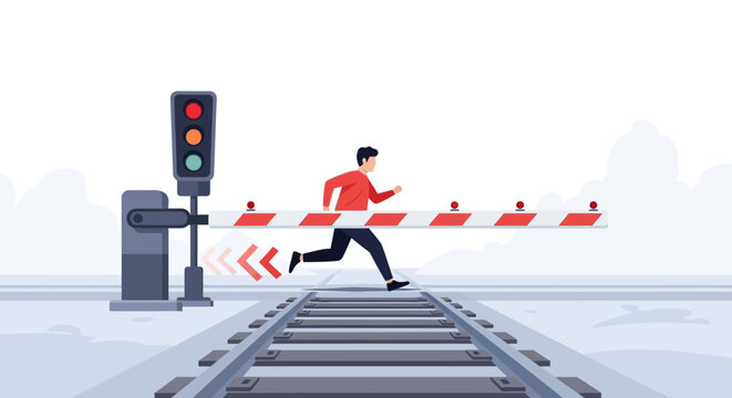 A man running across railroad tracks ignoring closed barrier. EPS Editable. Vector Illustrations.
