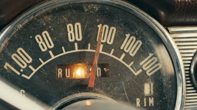 Vintage Car Speedometer at 100 MPH, Close-up Detail of Old Dashboard