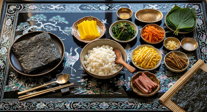 Hyper-realistic flat lay of Kimbap ingredients on Mother-of-pearl lacquerware