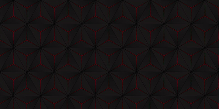Dark gray and red horizontal hexagonal technology abstract vector background. red bright energy flashes under hexagon in futuristic modern technology wide banner. Dark gray honeycomb texture grid.