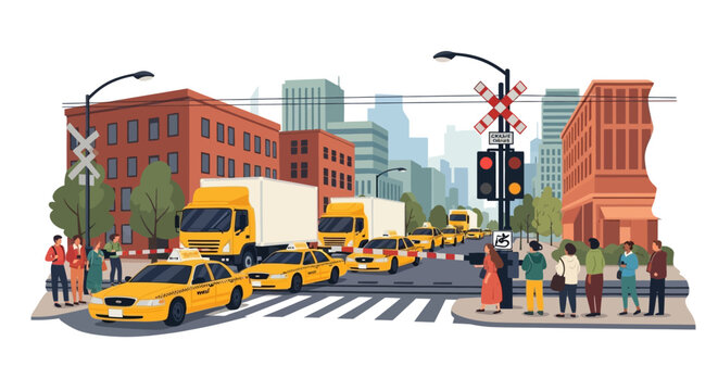 Busy city intersection with yellow taxis and delivery trucks. EPS Editable. Vector Illustrations.
